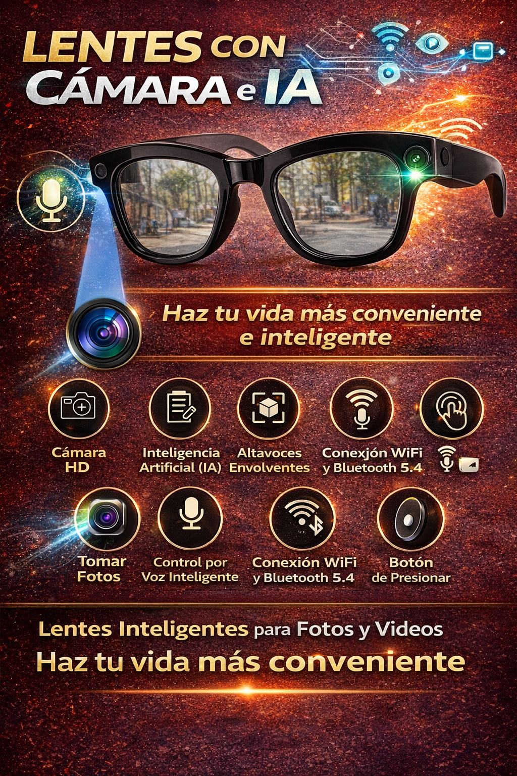 🕶️ Gafas Inteligentes con IA + Cámara 8MP - Graba, Traduce y Escucha 🚀