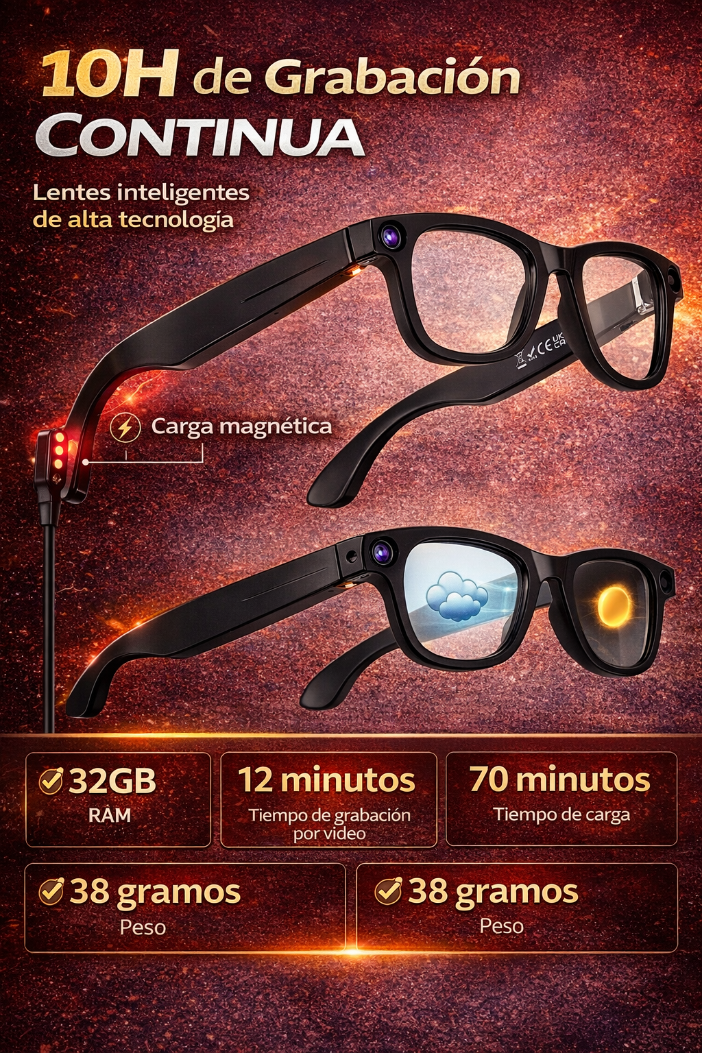 🕶️ Gafas Inteligentes con IA + Cámara 8MP - Graba, Traduce y Escucha 🚀